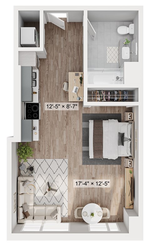 A floor plan of a small apartment with a kitchen, living room, and bathroom.